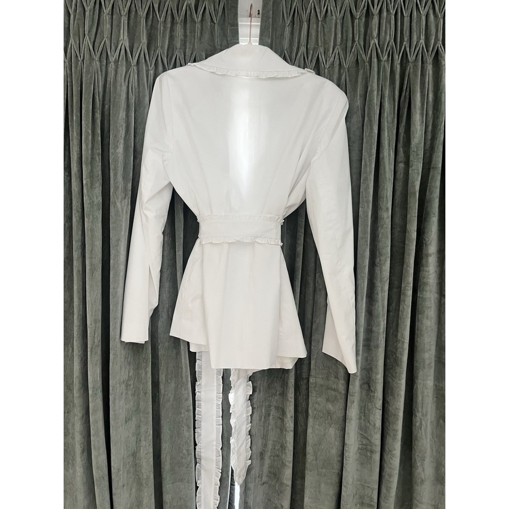 Vtg Doncaster White Trench Blazer Ruffle Sz 12 Double Breast Button Belt Cotton - Picture 2 of 10